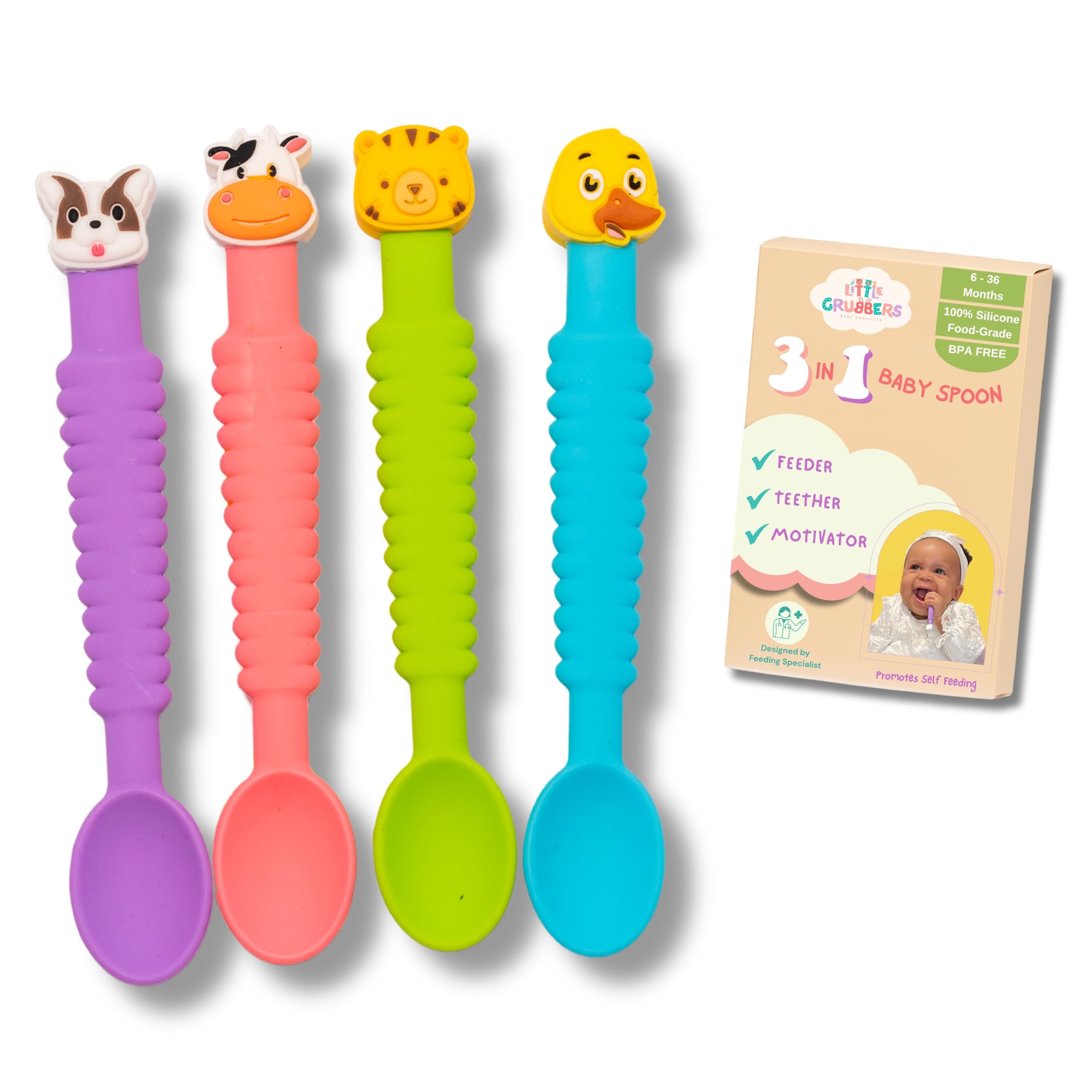 Little Grubbers 3-in-1 spoon in use for self-feeding with an easy grip for tiny mouths