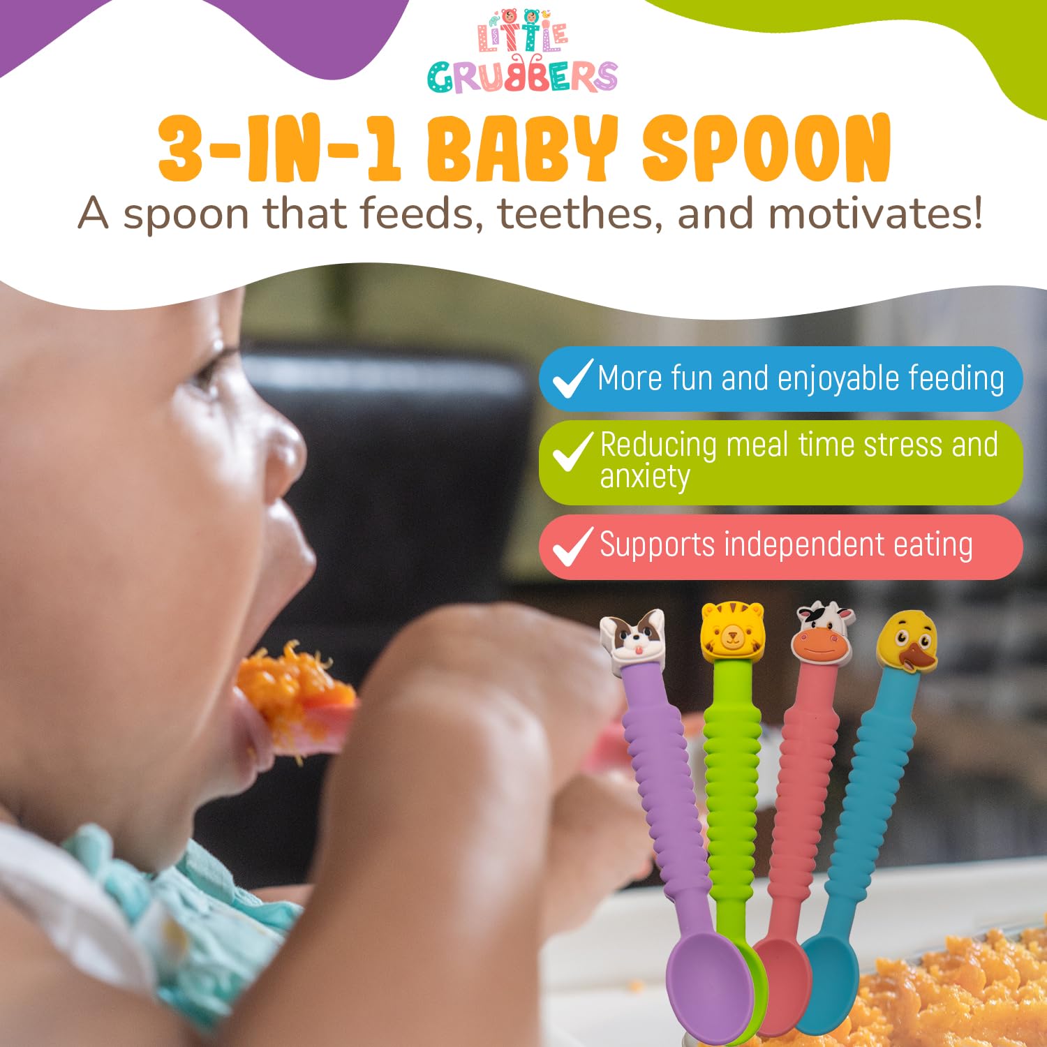 Little Grubbers dishwasher-safe spoon shown on a rack for easy cleanup.