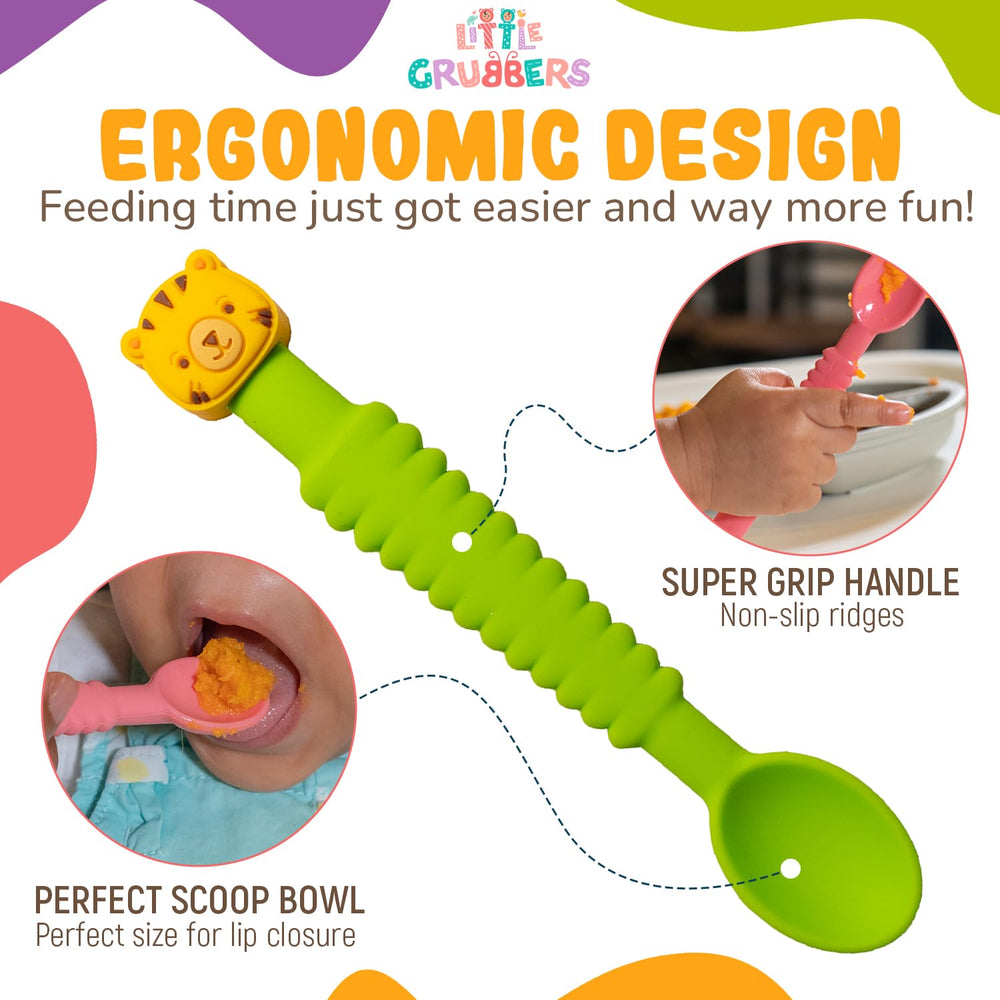Little Grubbers silicone teether feature soothes gums during meals.