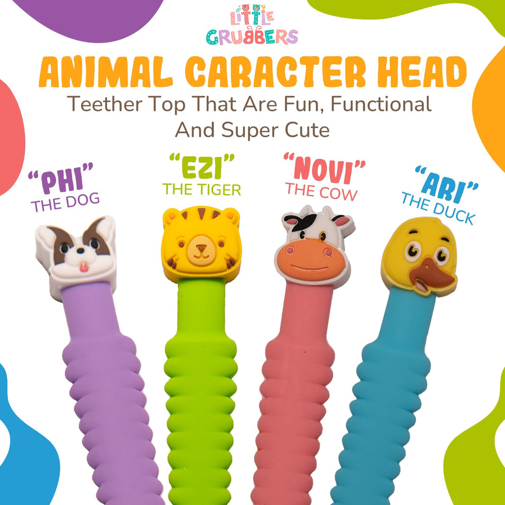 Little Grubbers tiger-spoon front view, showcasing colorful teether-friendly design.