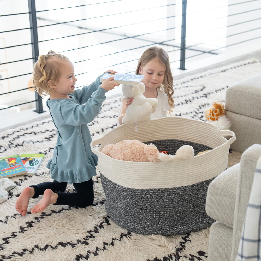 Little Hippo basket in a bedroom for clothes organization
