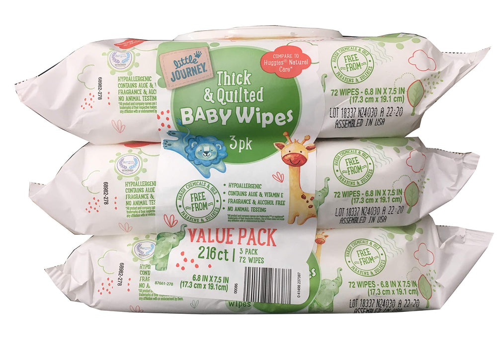 Little Journey Baby Wipes packaging three-pack for convenient on-the-go cleaning.