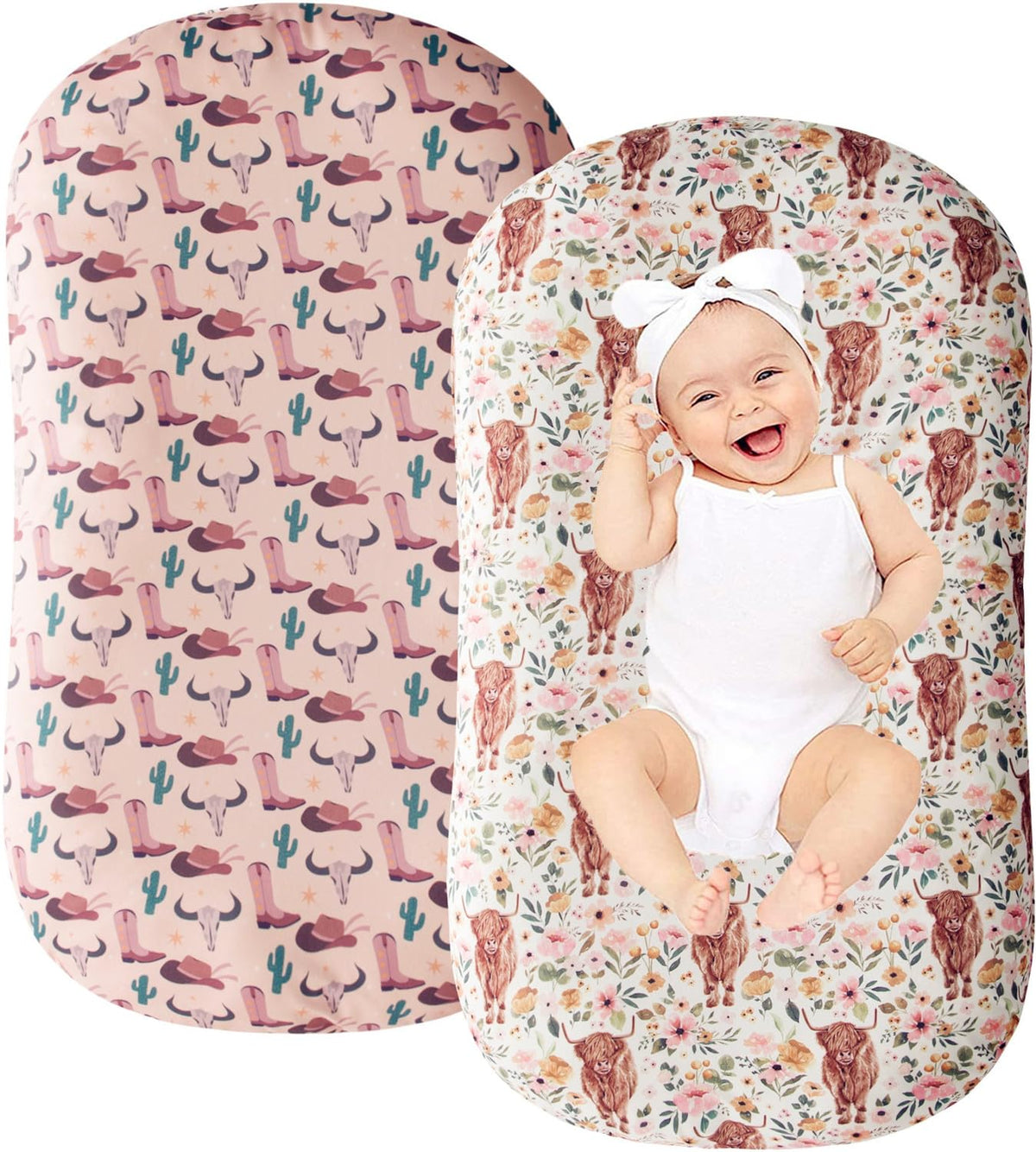 Little Jump cowgirl boots hat cover adds cozy, stylish flair to your baby lounger.