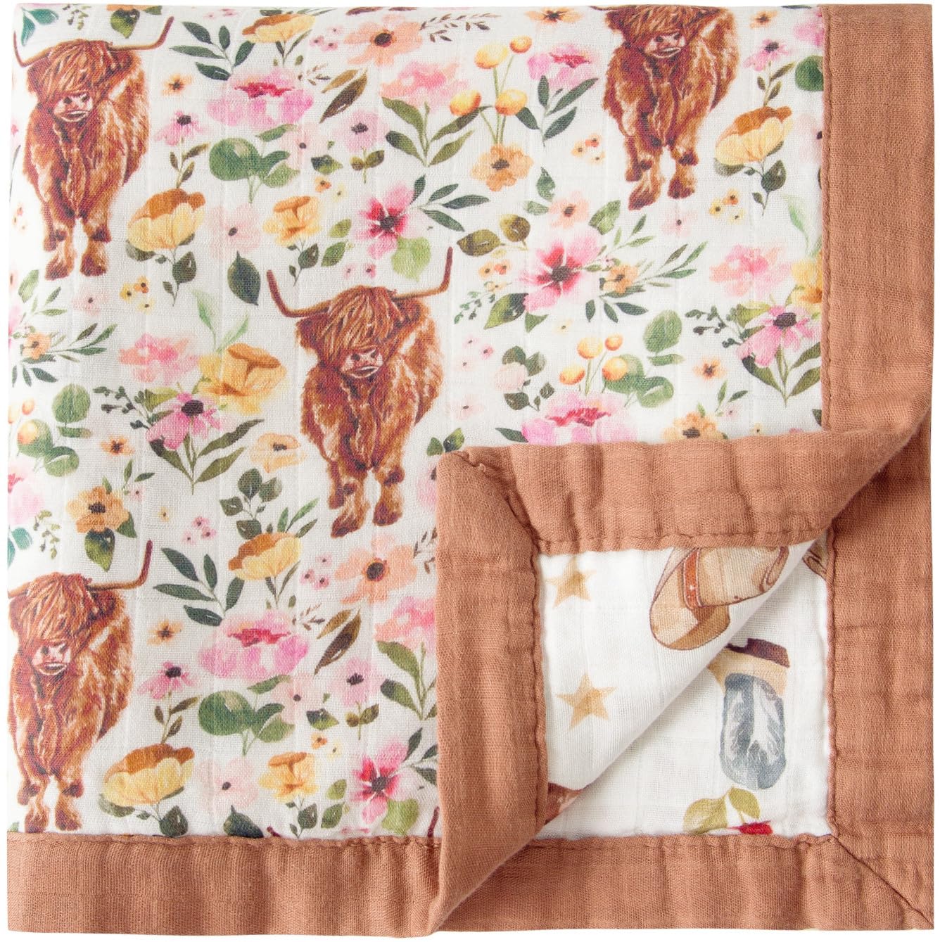 Little Jump cowgirl floral Highlandcow muslin blanket close up shows silky bamboo blend for delicate skin.