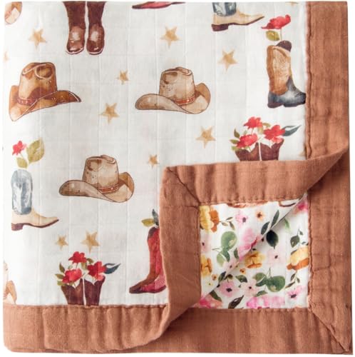 Little Jump cowgirl floral Highlandcow muslin blanket pattern highlights western-inspired design for nursery decor.