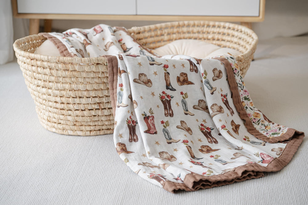 Little Jump cowgirl floral Highlandcow muslin blanket size 47x47 inches for generous coverage.