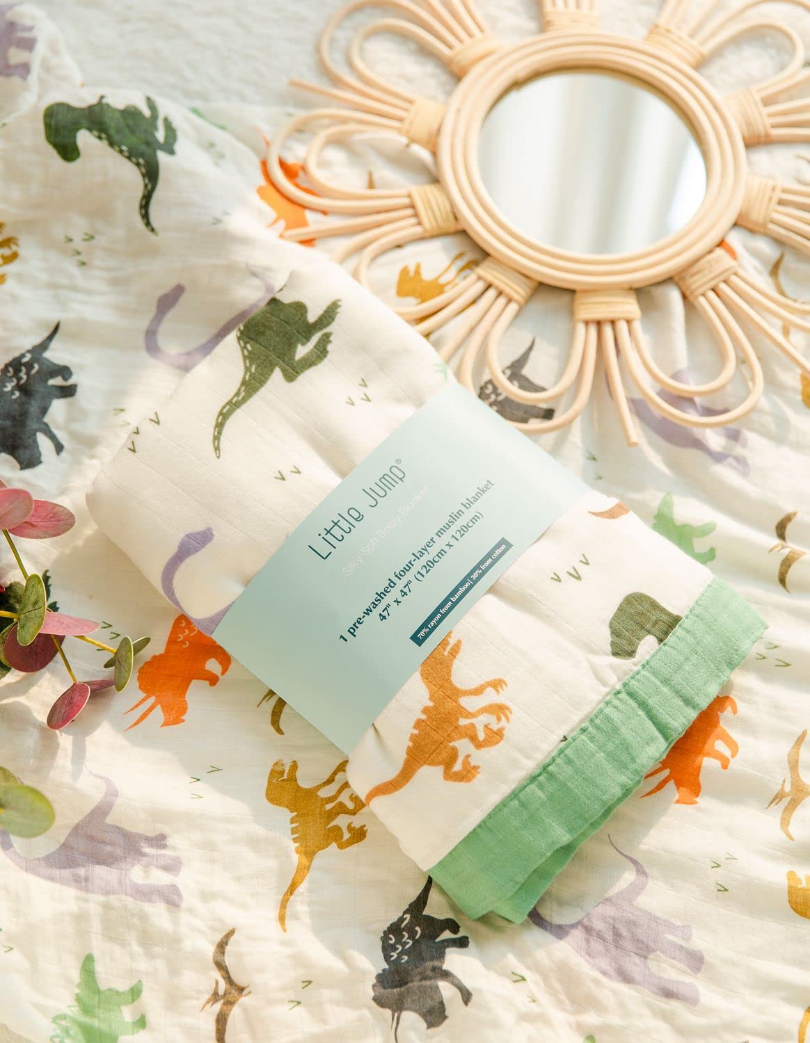 Little Jump Dinosaur Muslin Blanket cozy daycare cover, breathable and durable.