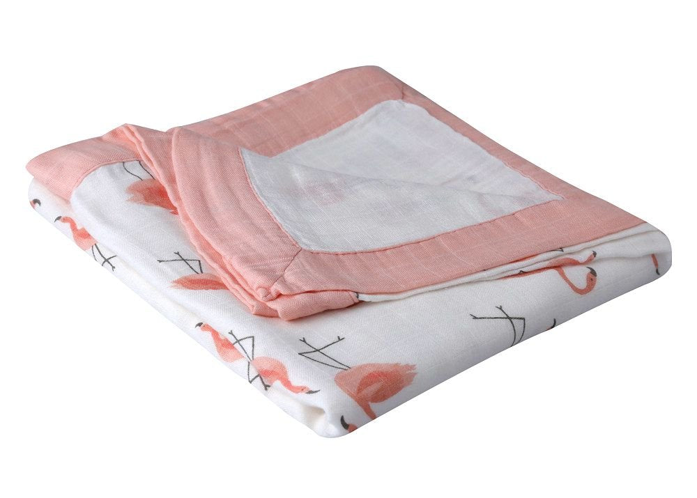 Little Jump Flamingo blanket pre-washed muslin gains softness with every wash.