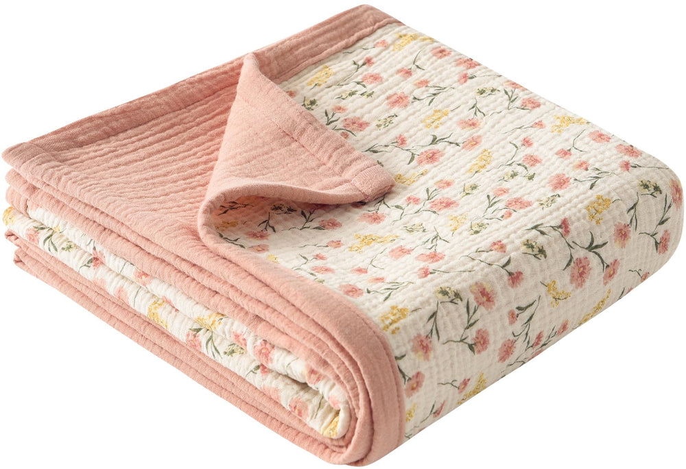 Little Jump Peach Floral Muslin Blanket close-up shows soft breathable cotton for cozy baby snuggles.