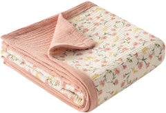 Little Jump Peach Floral Muslin Blanket close-up shows soft breathable cotton for cozy baby snuggles.