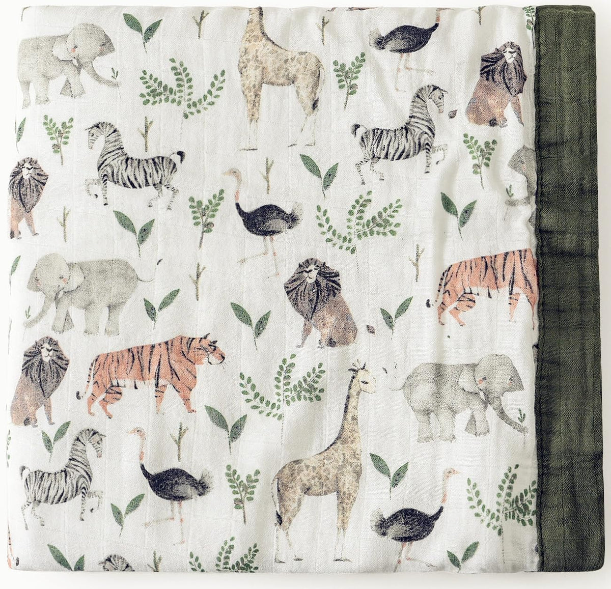 Little Jump Muslin Quilt Jungle Print blanket provides oversized coverage for cozy naps.