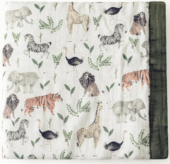 Little Jump Muslin Quilt Jungle Print blanket provides oversized coverage for cozy naps.