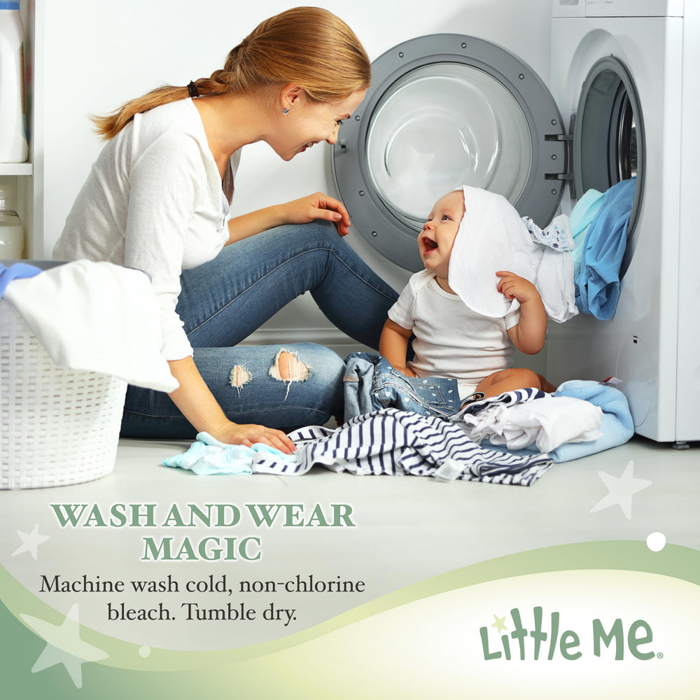 Little Me Blossoms fabric close-up demonstrates machine-washable durability.