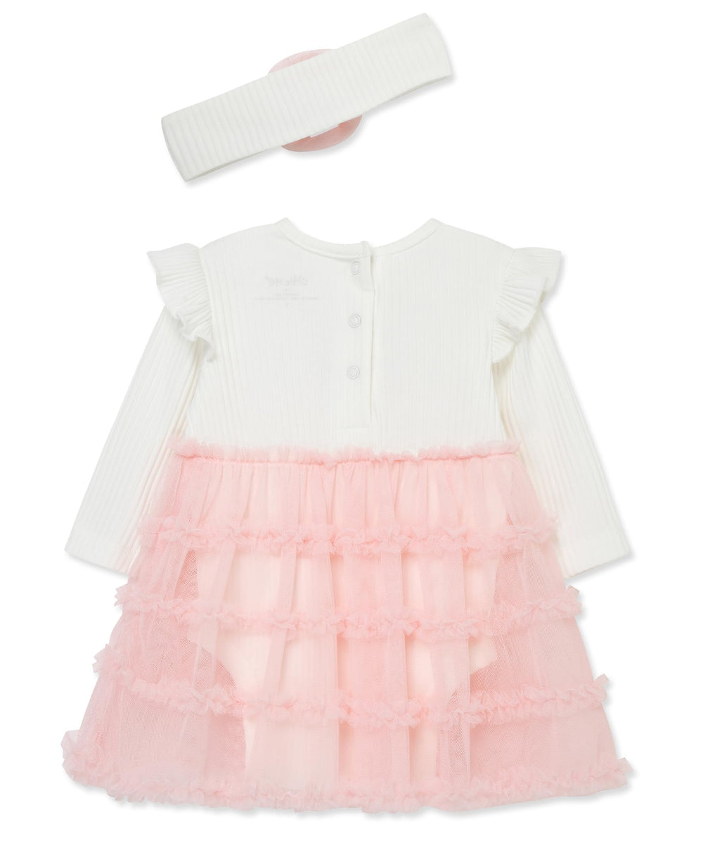 Little Me Blossoms pink headband keeps hair tidy and comfy during play.