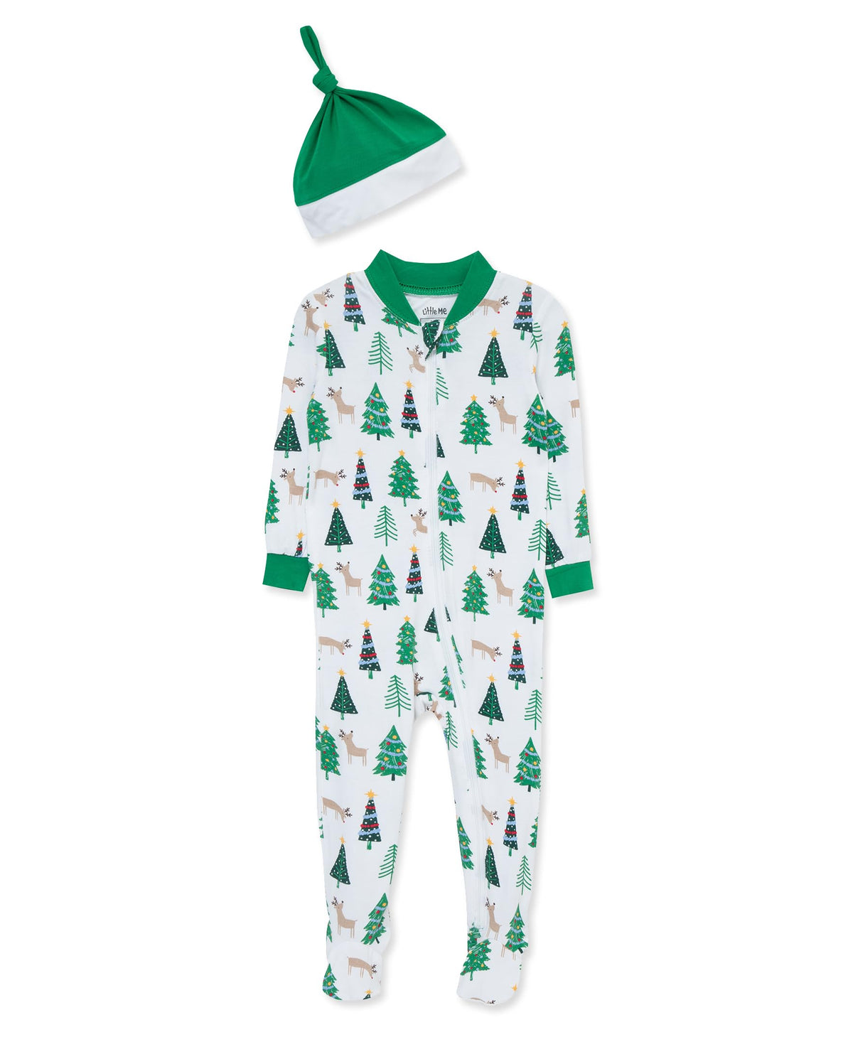 Little Me Christmas tree footie zip-front keeps baby warm and festive