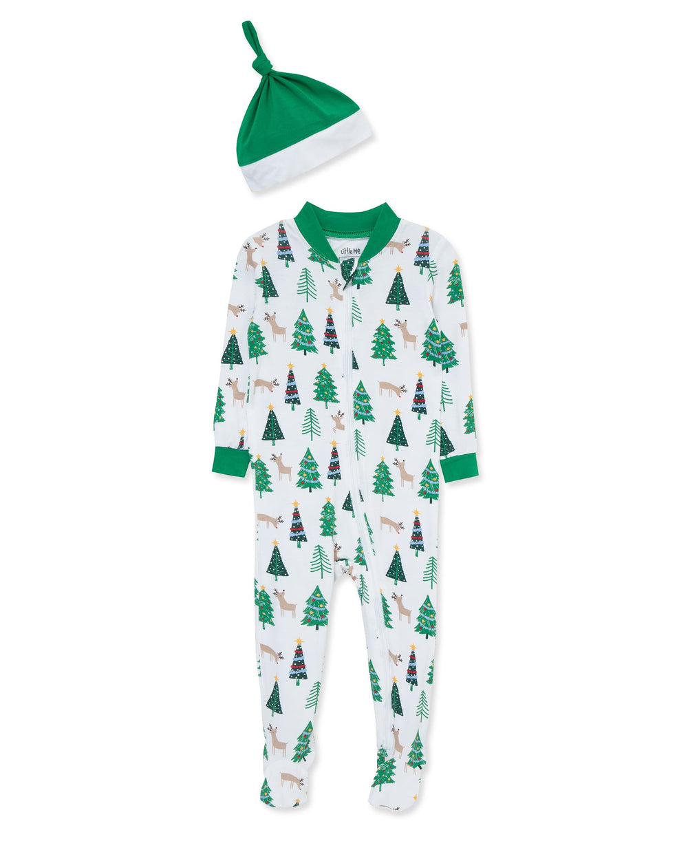 Little Me Christmas tree pattern zip-front footie provides cozy warmth for bedtime.