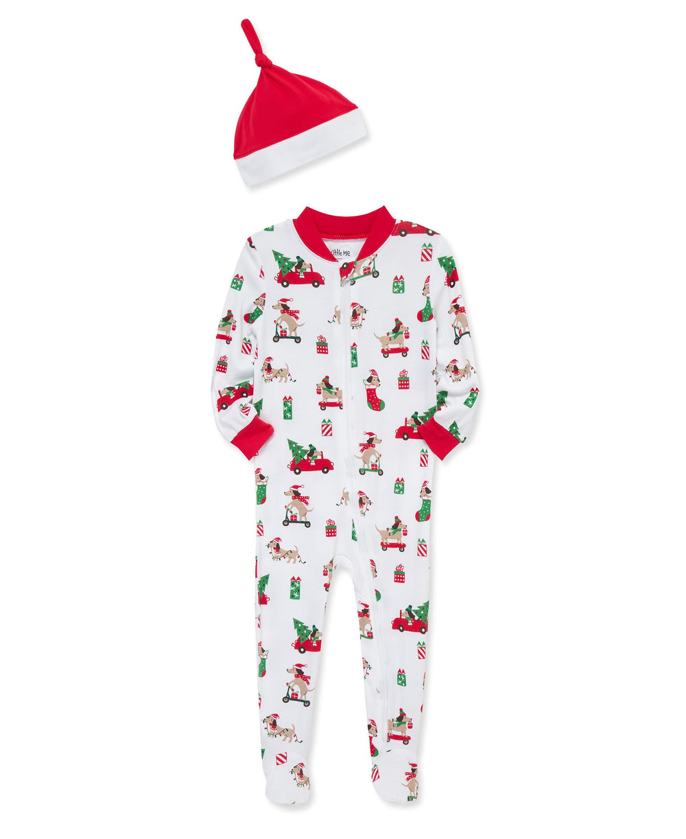 Little Me gender-neutral holiday pajamas suitable for family events.