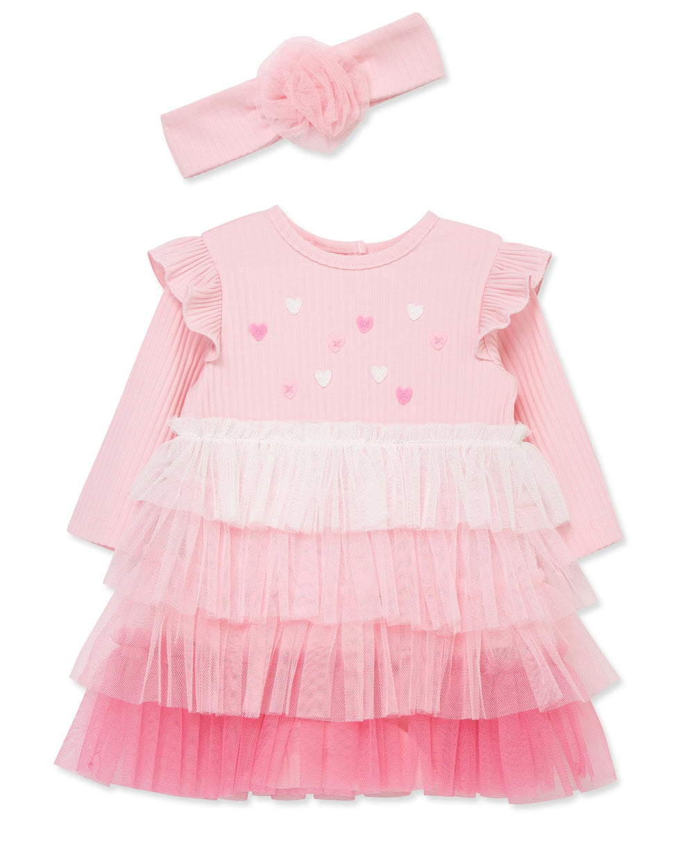 Little Me Hearts Ombre Tutu and Headband, pink, front view for everyday wear.
