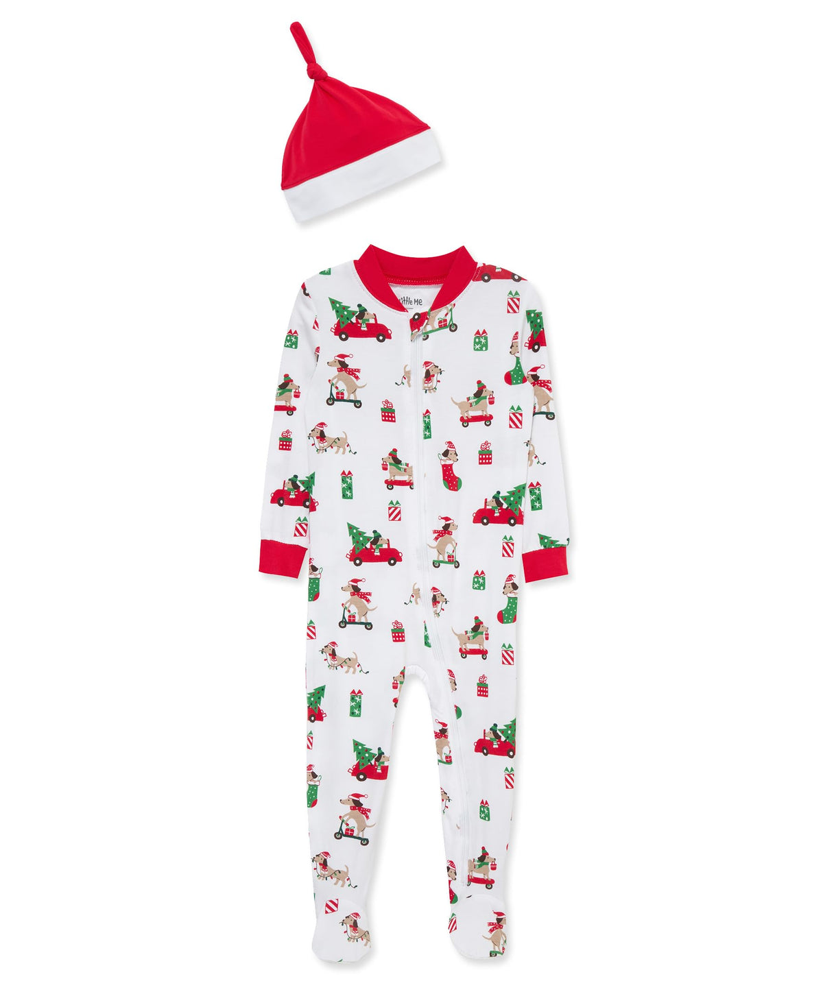 Little Me puppy-print footie pajamas with zip front for easy nighttime dressing.