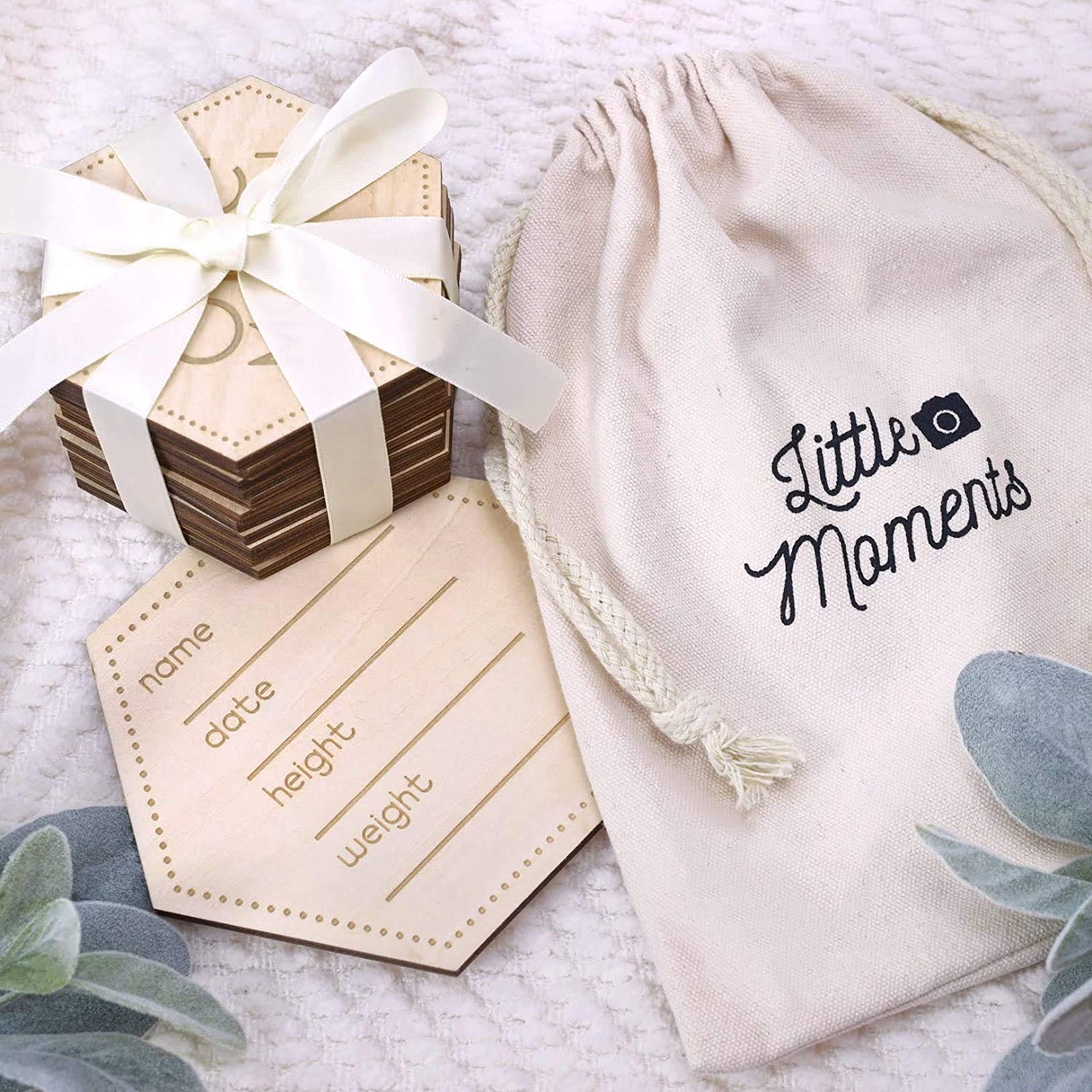 Little Moments ivory ribbon and linen keepsake bag for gifting.