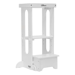Little Partners Foldable Toddler Tower front view shows sturdy LVL wood and safe cooking access.