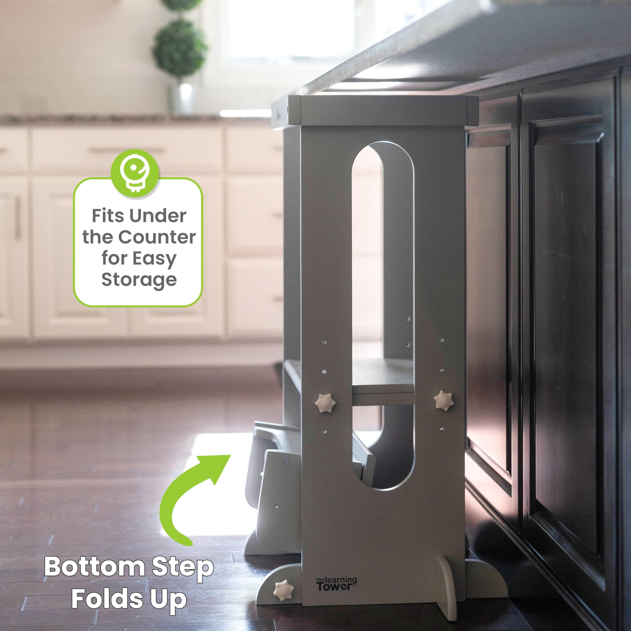 Little Partners Foldable Toddler Tower in kitchen setting promotes safe participation in cooking