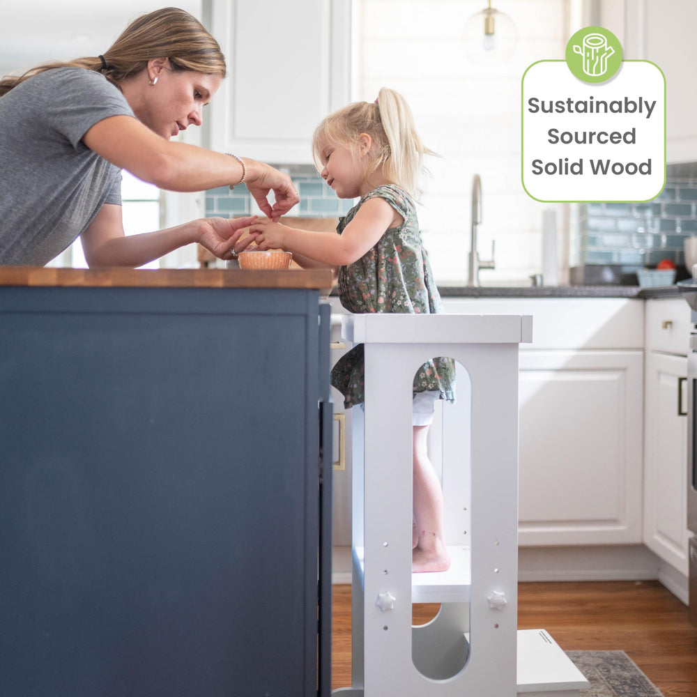 Little Partners Foldable Tower adjustable heights highlights four safe levels for growing toddlers.