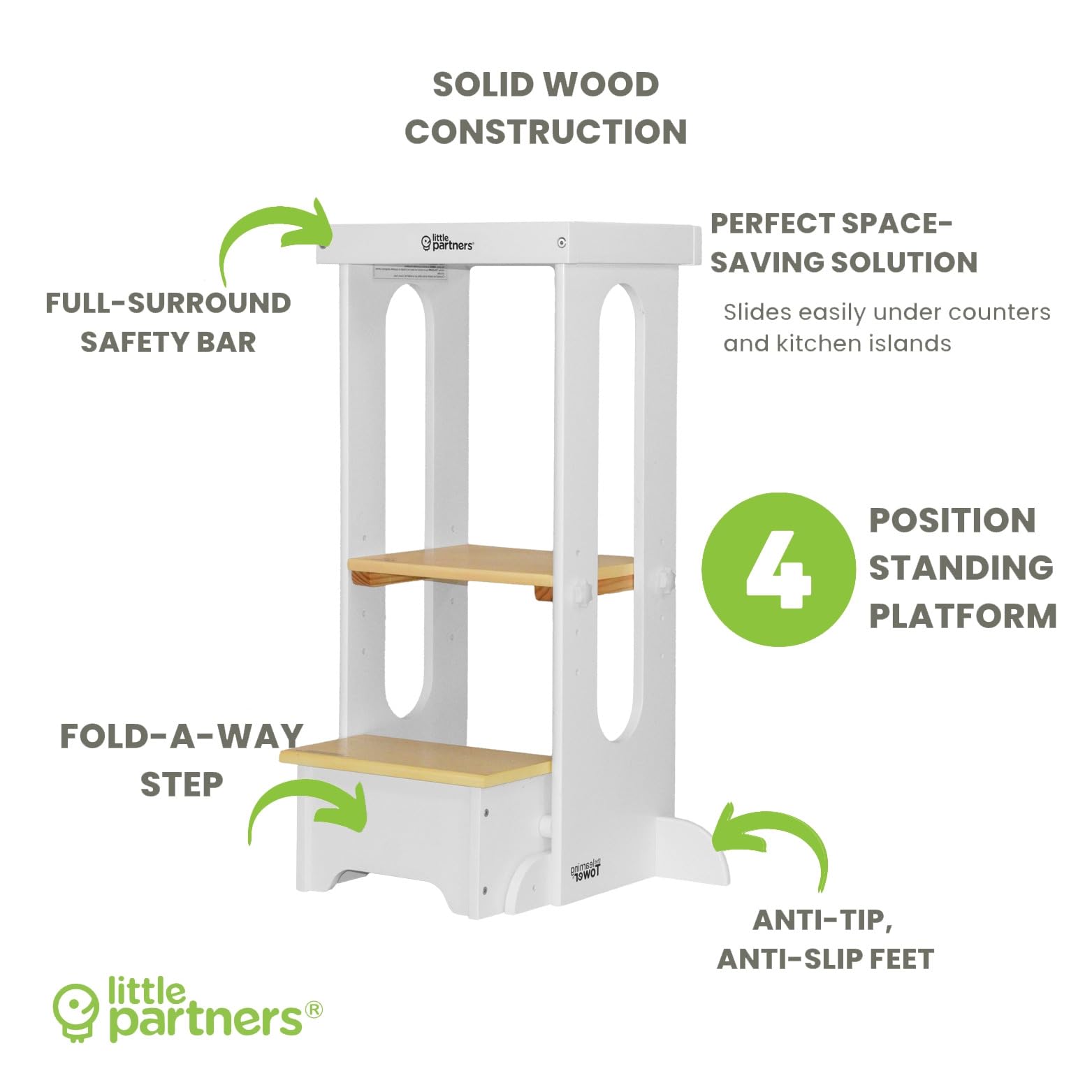 Little Partners Foldable Tower dimensions show spacious platform for growing independence.