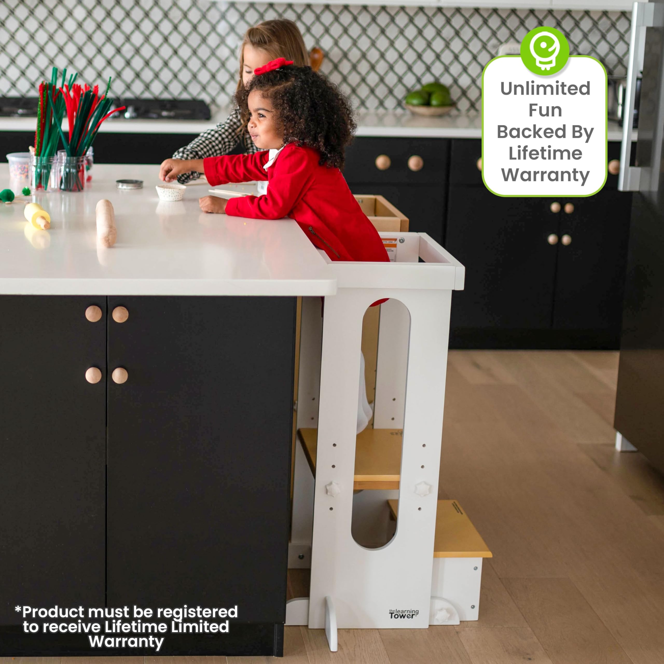 Little Partners Foldable Tower folding mechanism enables quick setup and neat tuck-away storage.