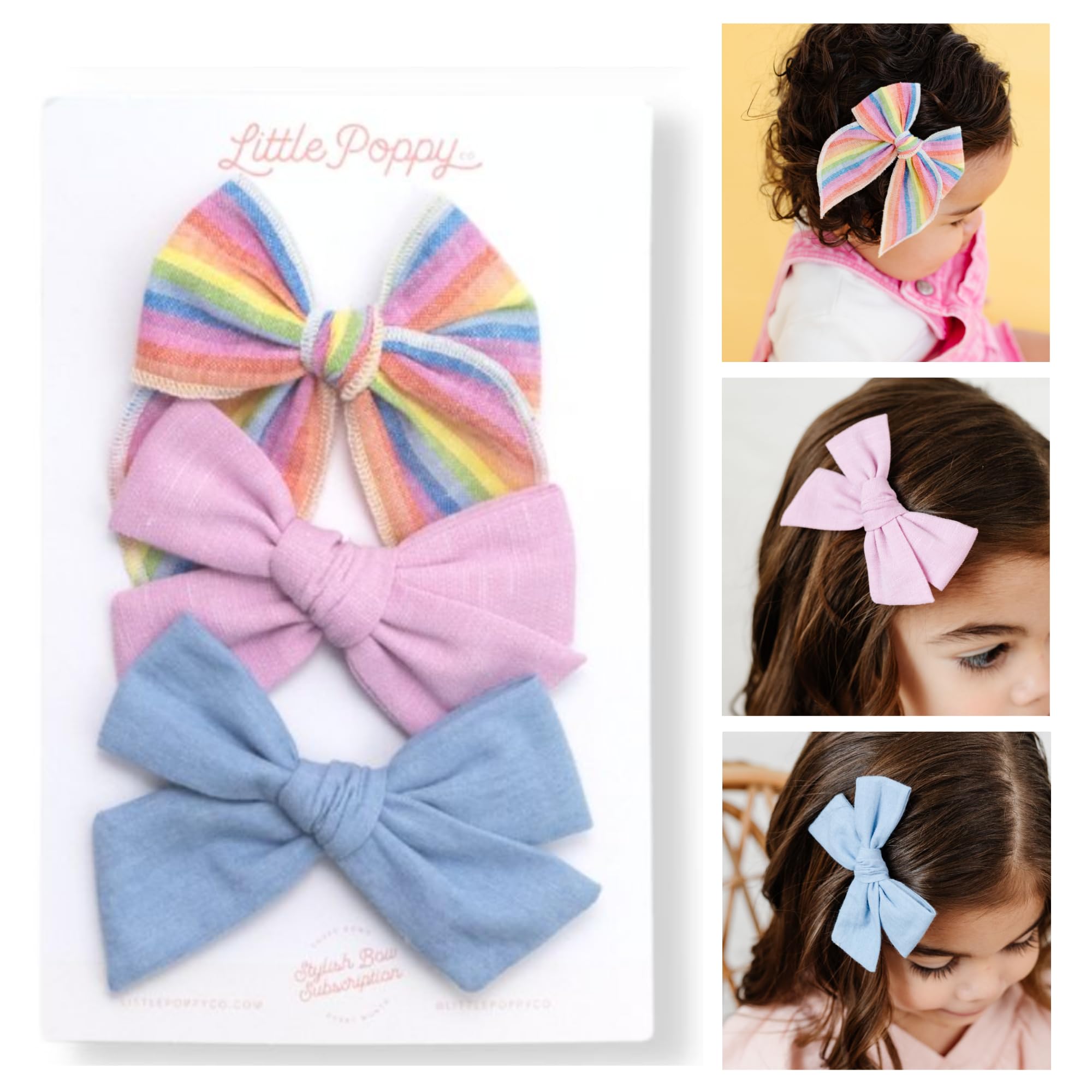 Little Poppy Co three hair bows on mini nylon headband for gentle comfort.