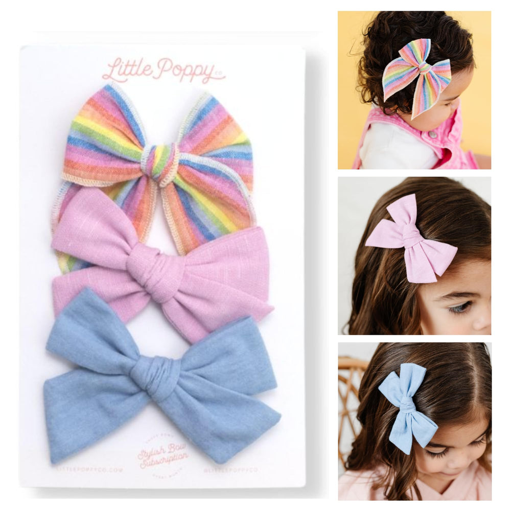 Little Poppy Co three hair bows on mini nylon headband for gentle comfort.