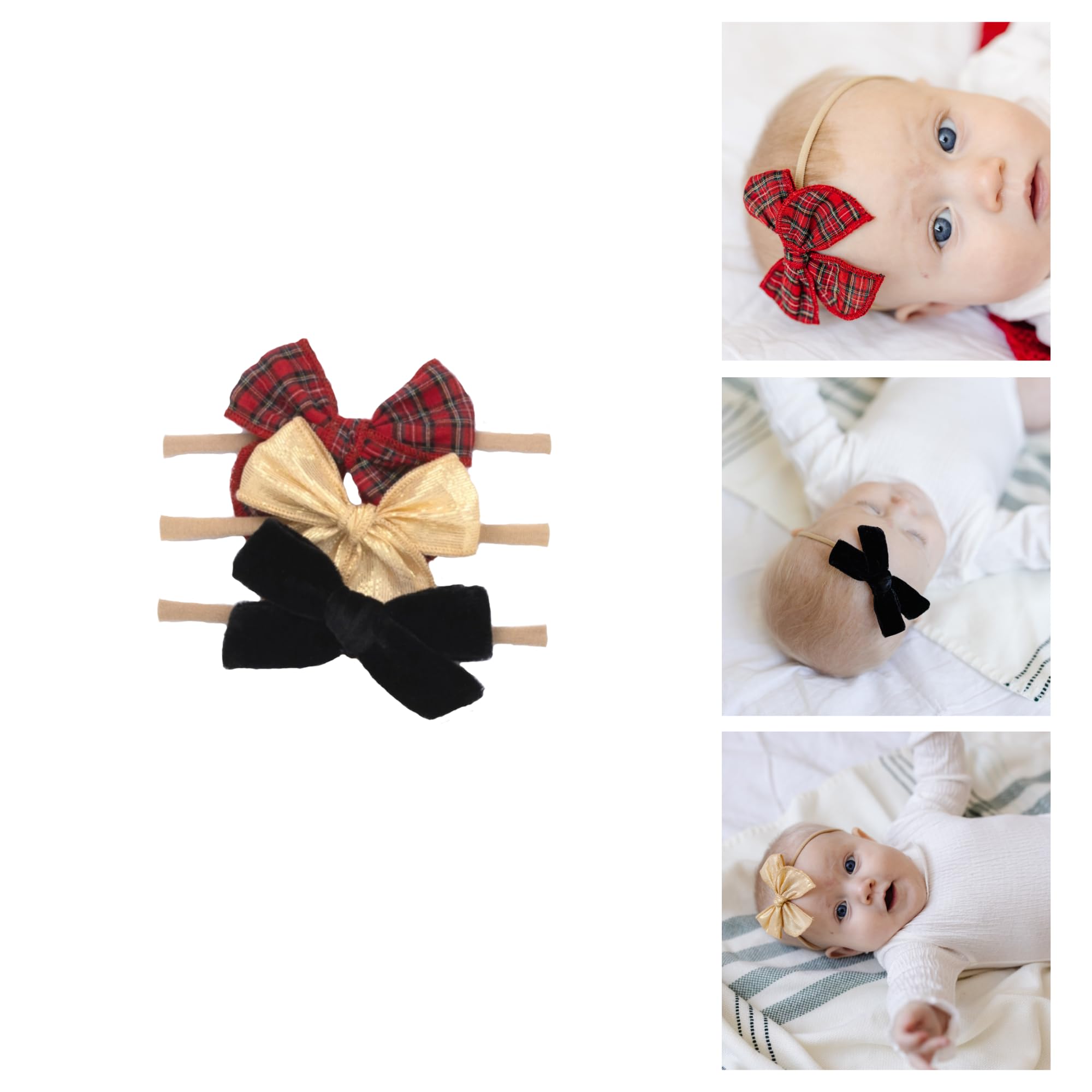 Little Poppy Co three hair bows on mini nylon headband for newborn comfort.