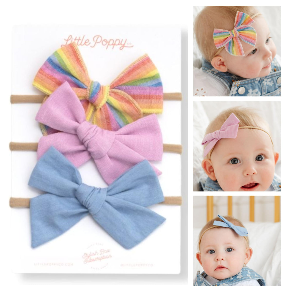 Little Poppy Co three hair bows set on pastel background, versatile for newborns and toddlers.