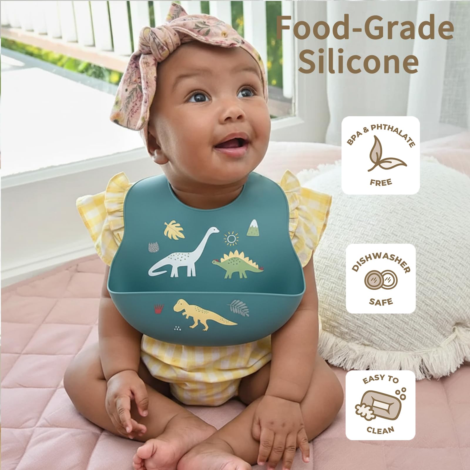 Little Rawr silicone bib with adjustable neck closure for a secure, comfortable fit