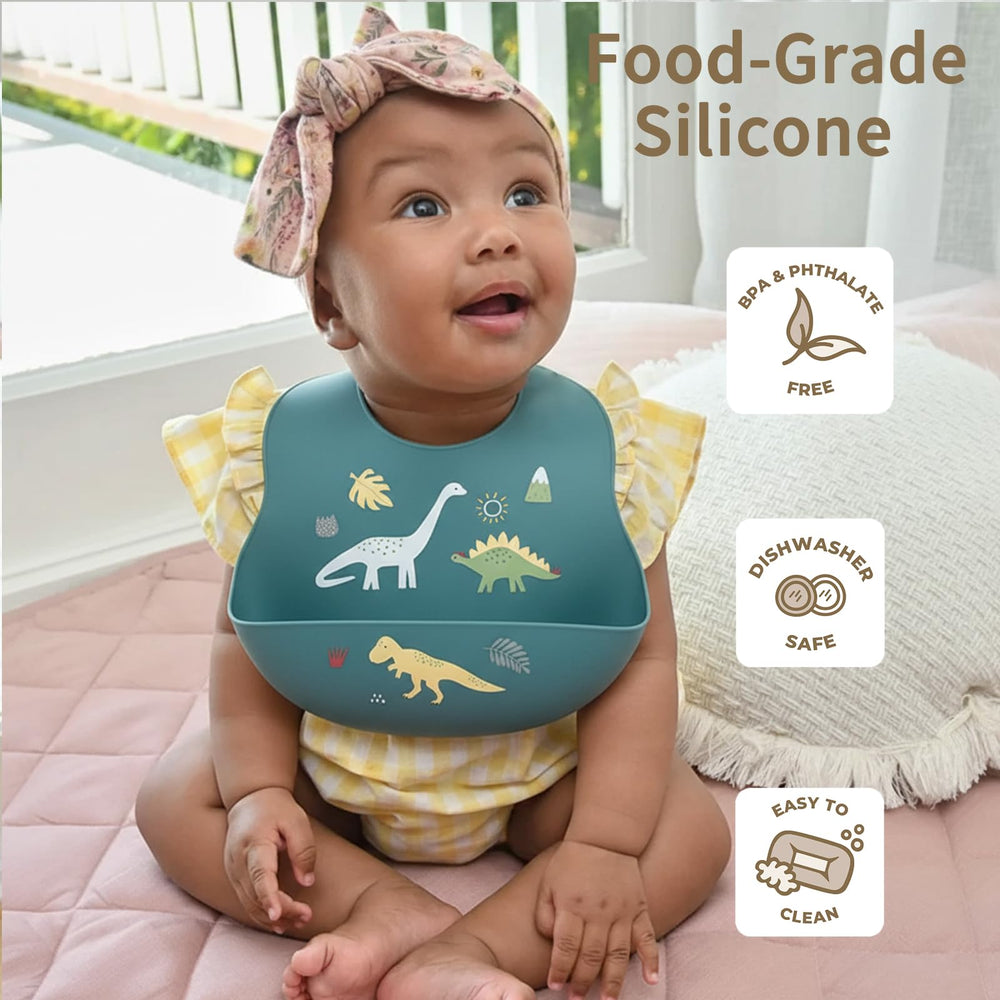 Little Rawr silicone bib with adjustable neck closure for a secure, comfortable fit