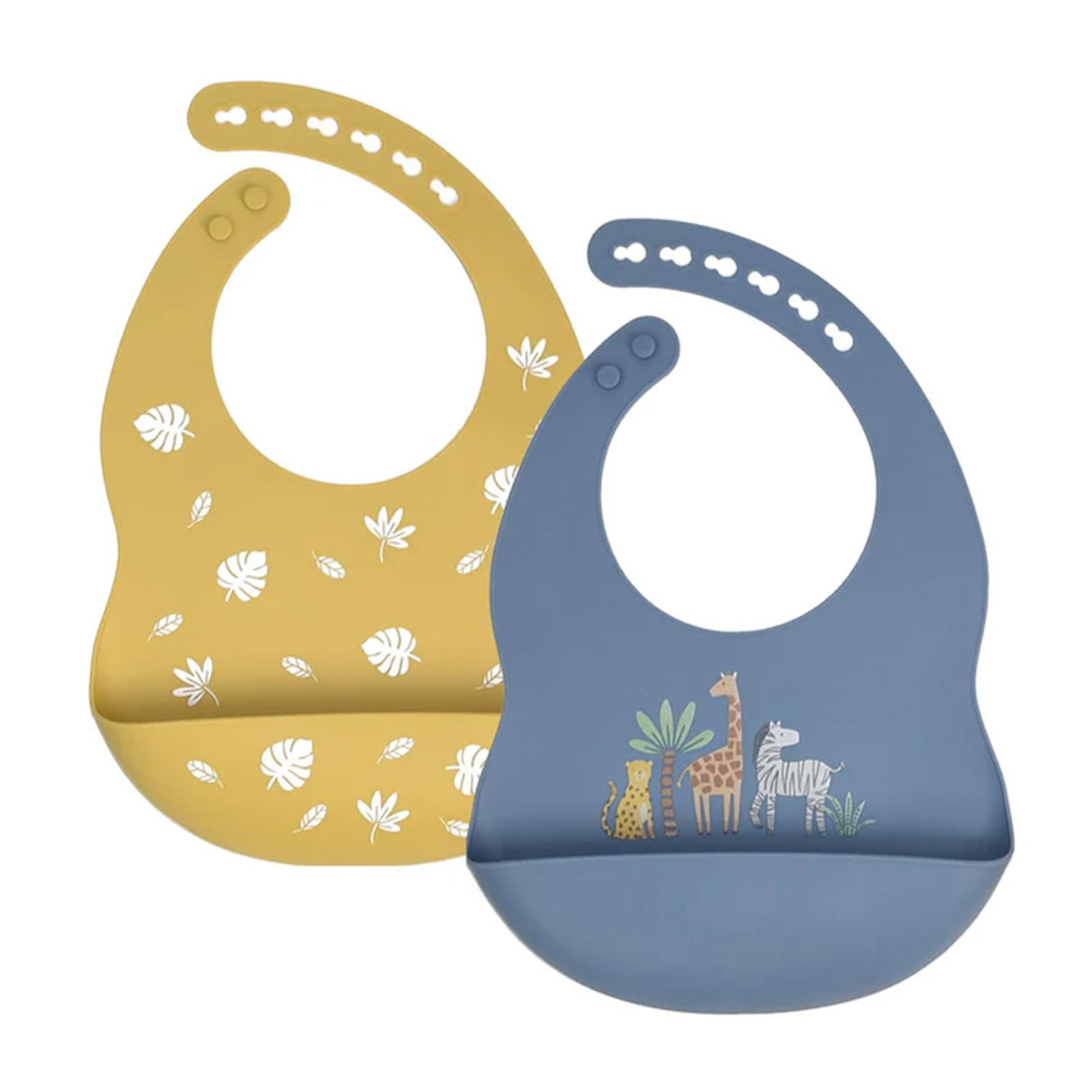 Little Rawr silicone bib in blue-yellow with adjustable snaps for a secure meal fit