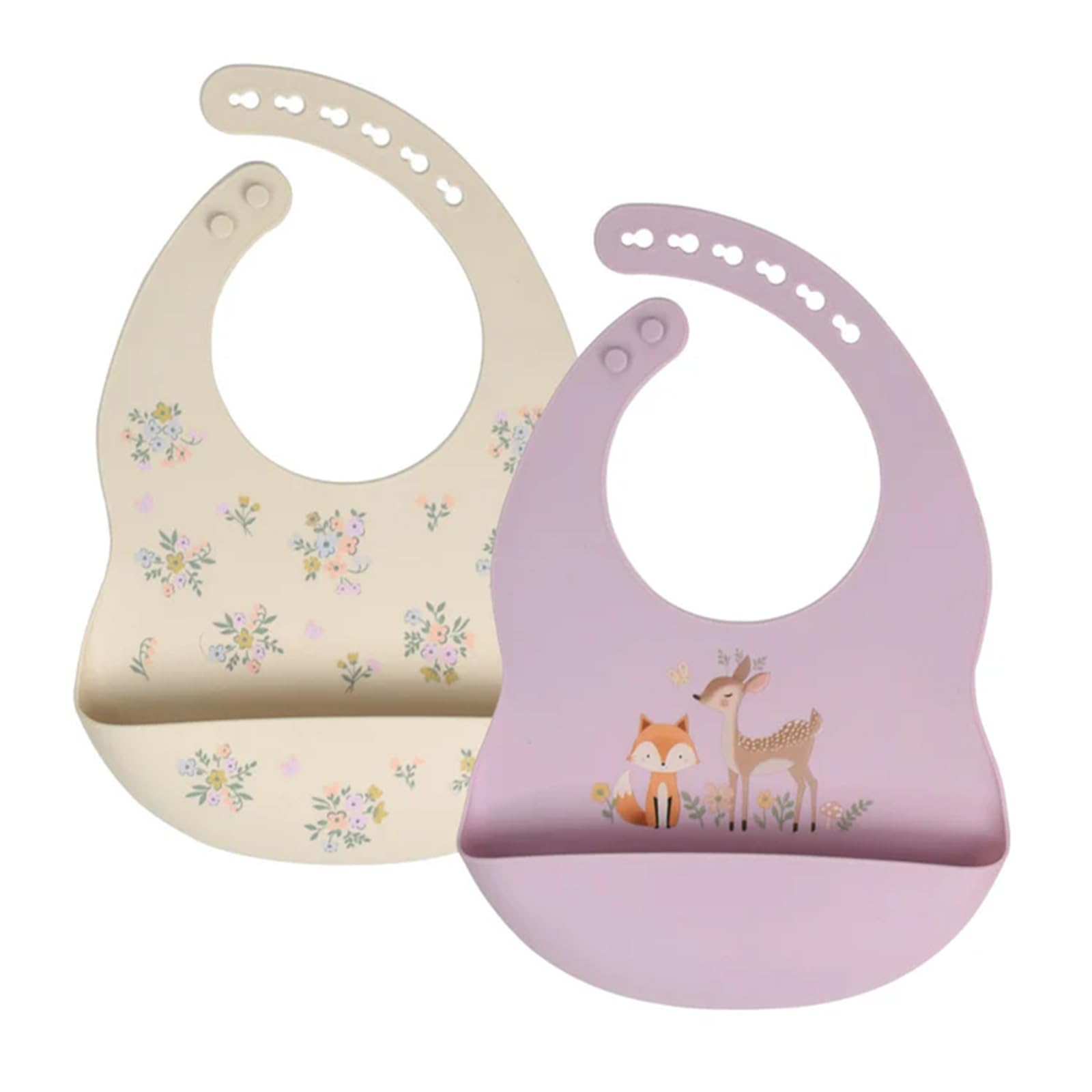 Little Rawr silicone bib front view in purple-beige with adjustable neck strap