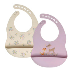 Little Rawr silicone bib front view in purple-beige with adjustable neck strap