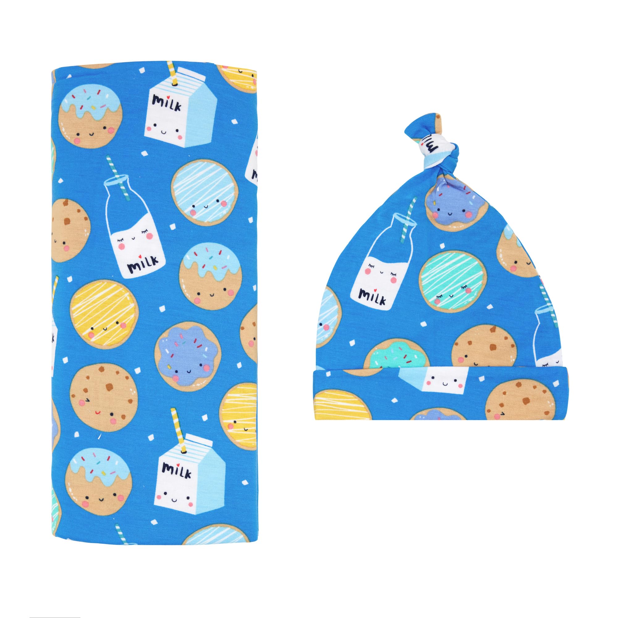 Little Sleepies blue cookies and milk swaddle blanket shown flat for gentle newborn comfort.