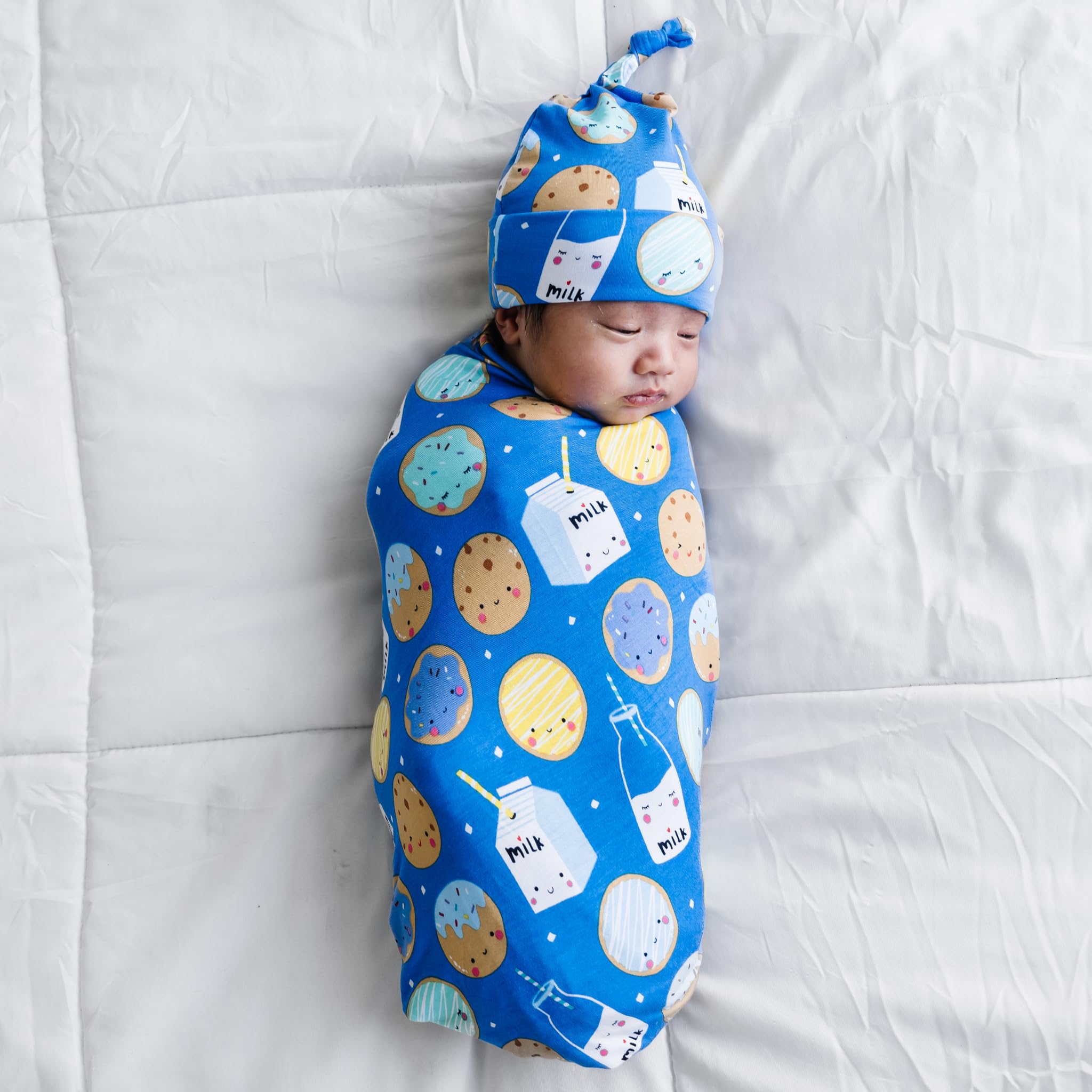 Little Sleepies blue cookies and milk swaddle hat set keeps baby warm.