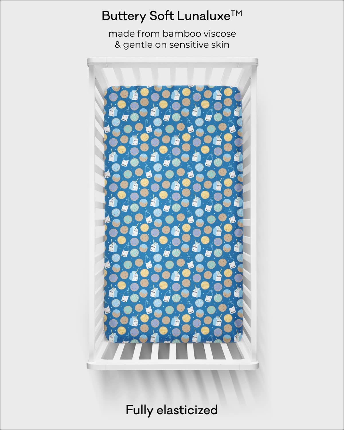 Little Sleepies Cookies & Milk print shown in a nursery display for versatile styling.