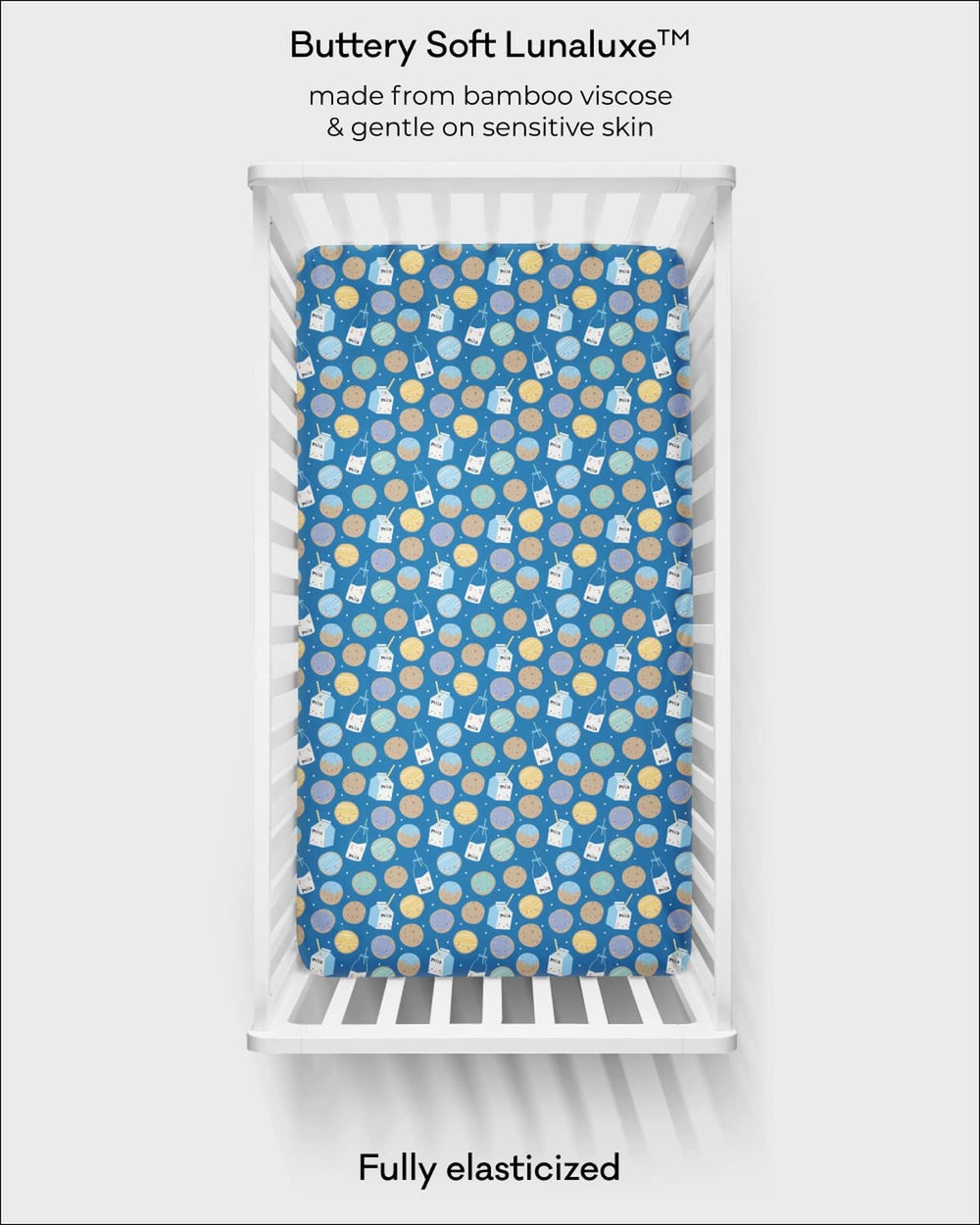 Little Sleepies Cookies & Milk print shown in a nursery display for versatile styling.