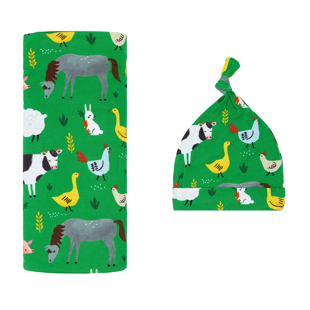 Little Sleepies swaddle blanket in Green Farm Animals print made from soft bamboo for skin-friendly warmth