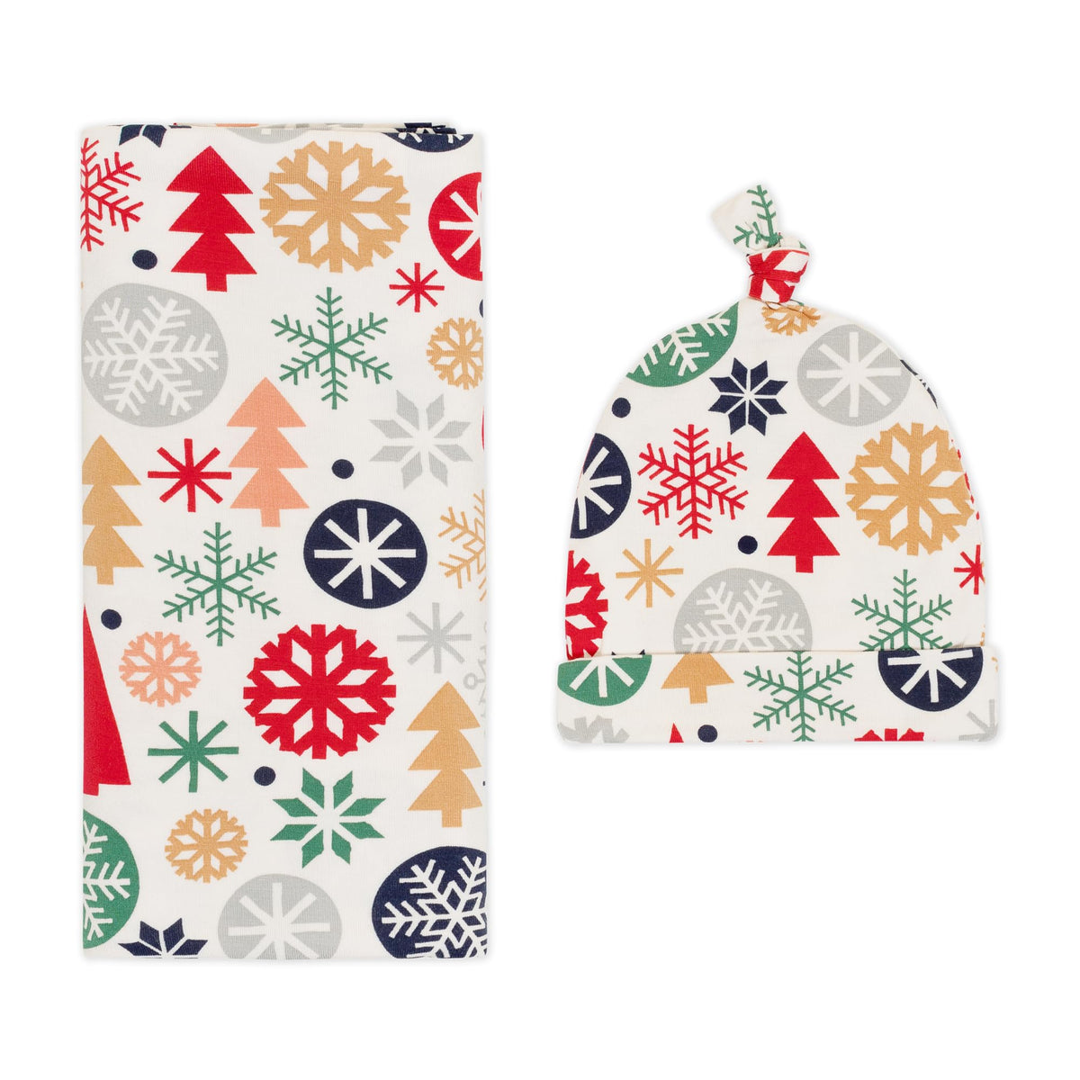 Little Sleepies holiday swaddle set with hat offers soft, breathable warmth for newborns.