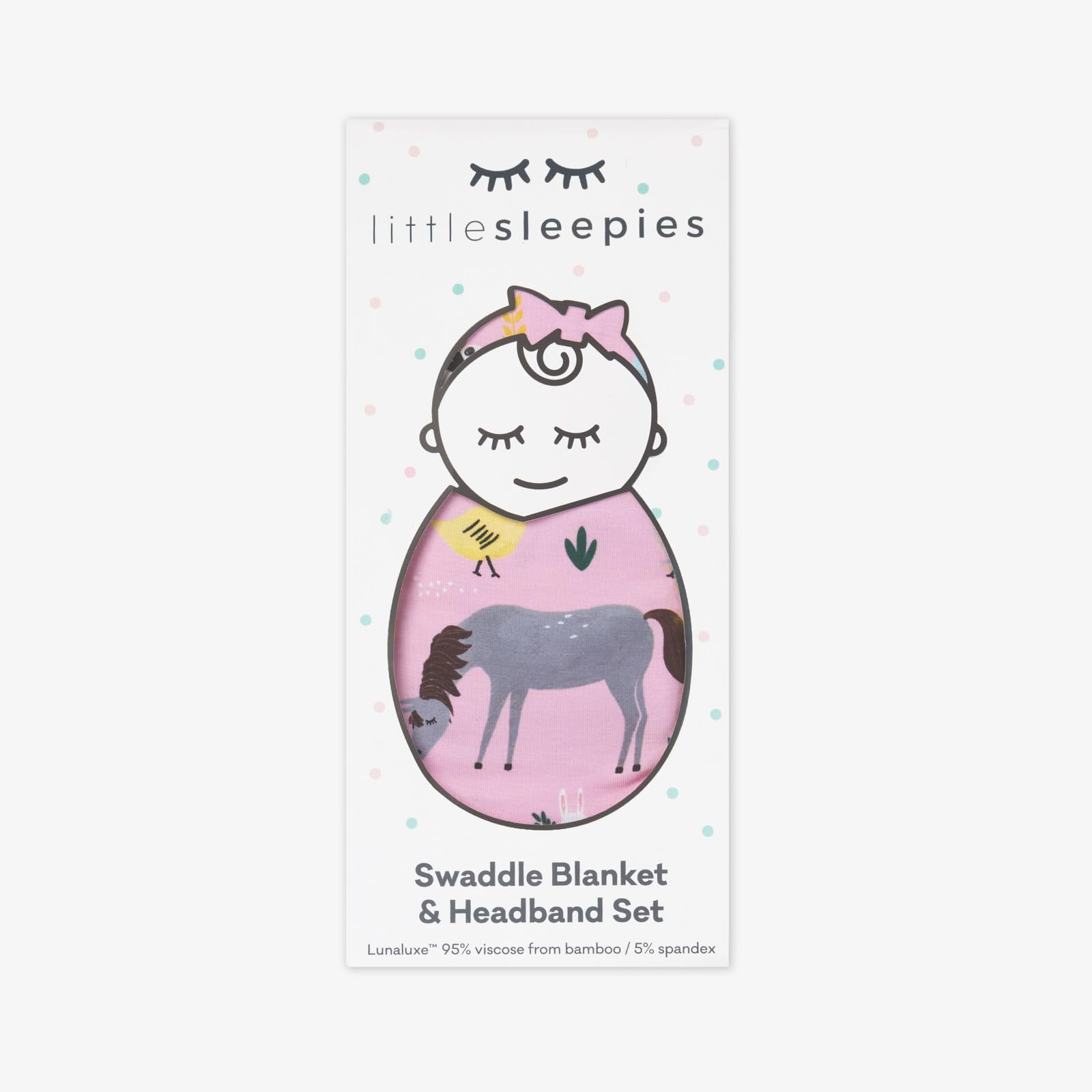 Gift-ready Little Sleepies Luxe Pink Farm Animals swaddle set.