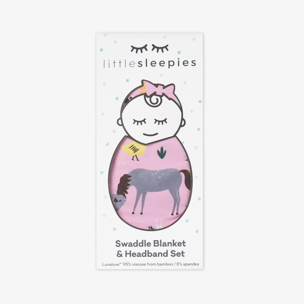 Gift-ready Little Sleepies Luxe Pink Farm Animals swaddle set.