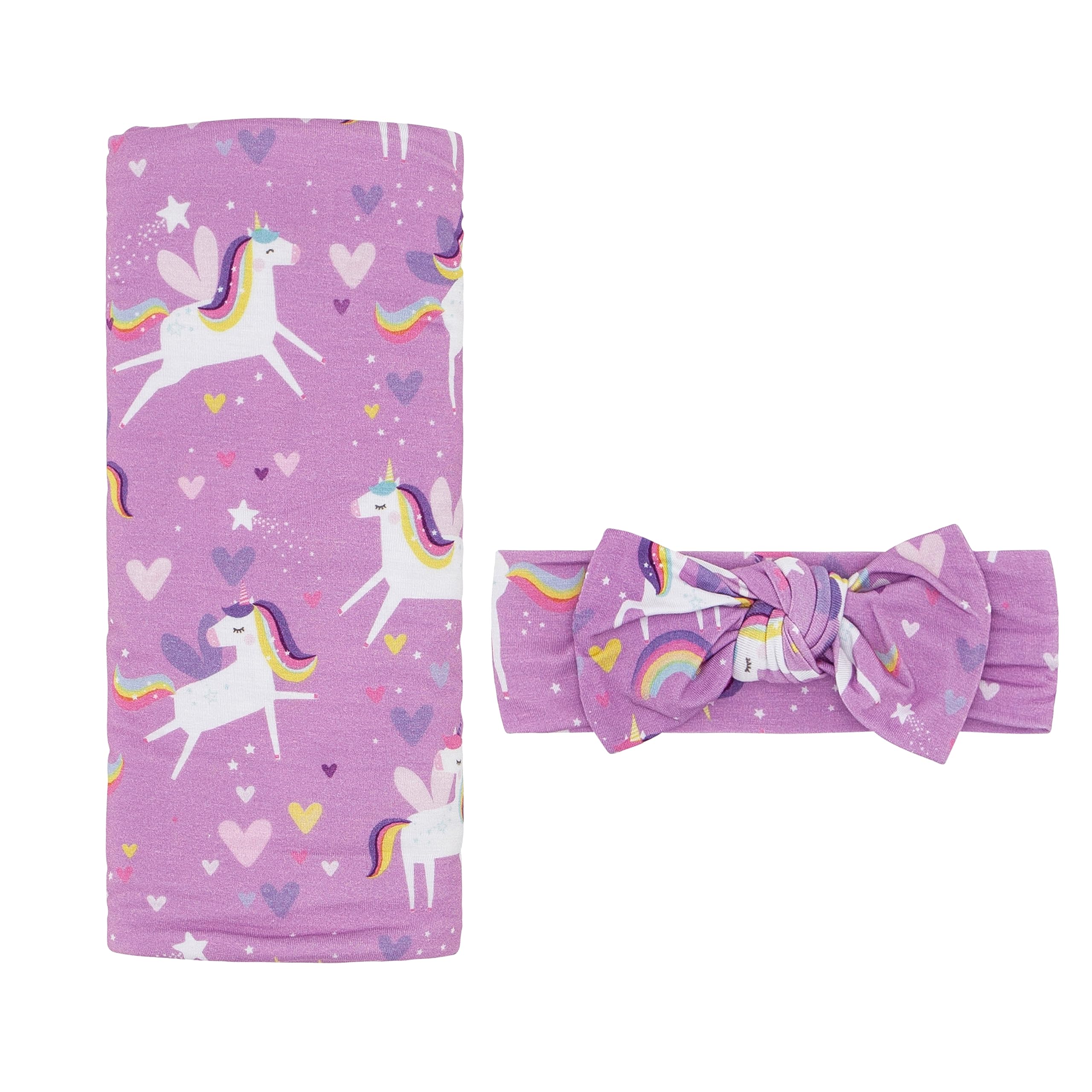 Little Sleepies Luna Luxe swaddle blanket unicorn print keeps newborns snug.