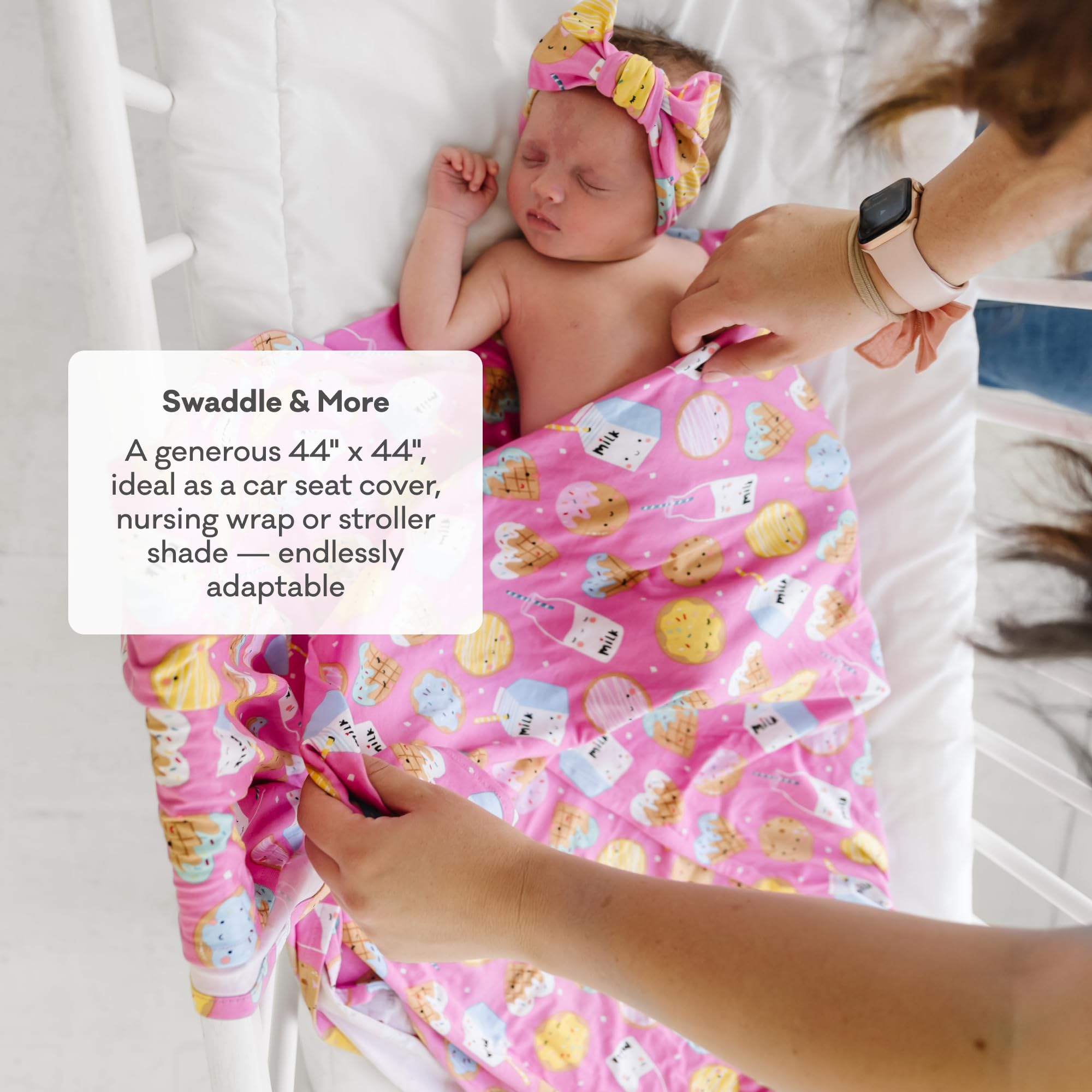Newborn hospital homecoming look featuring Little Sleepies Lunaluxe swaddle in pink animals.