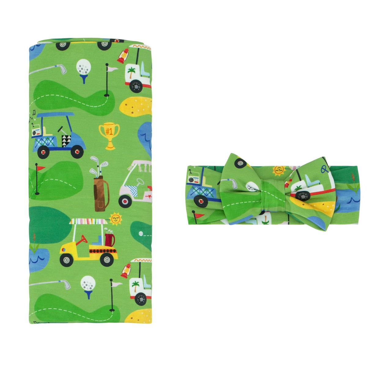 Little Sleepies swaddle blanket in Luxe Fairway Fun, cozy for newborn snuggles.