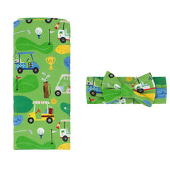 Little Sleepies swaddle blanket in Luxe Fairway Fun, cozy for newborn snuggles.